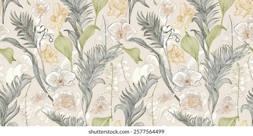 hand-drawn botanical design featuring delicate flowers, leaves, and ferns in soft pastel tones on a neutral background, perfect for various artistic and decorative uses.