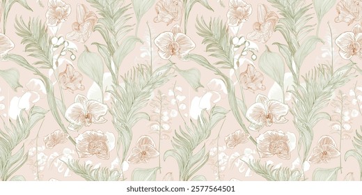 hand-drawn botanical design featuring delicate flowers, leaves, and ferns in soft pastel tones on a neutral background, perfect for various artistic and decorative uses.