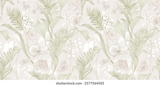 hand-drawn botanical design featuring delicate flowers, leaves, and ferns in soft pastel tones on a neutral background, perfect for various artistic and decorative uses.