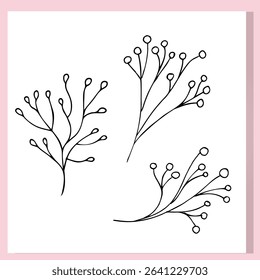 Hand-drawn botanical doodle set with three minimalist branches featuring round berry-like tips. Simple line art illustration perfect for nature-themed designs, eco projects, 