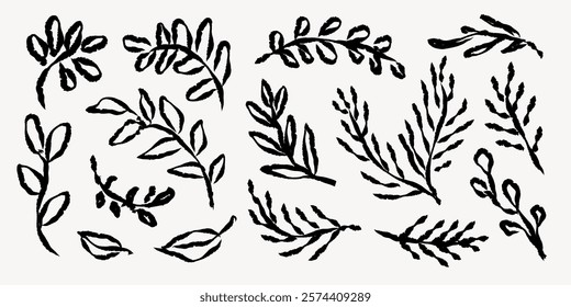 Hand-drawn botanical elements in black ink. Various leaf designs, simple and artistic. Perfect for nature-themed projects, botanical, and creative designs. Hand drawn botanical vector set.