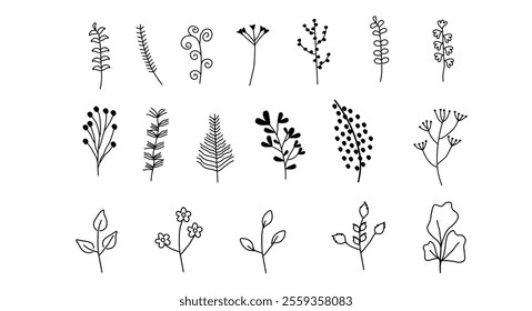 Hand-Drawn Botanical Elements
A set of black and white hand-drawn botanical elements featuring leaves, branches, and flowers. Minimalistic, elegant