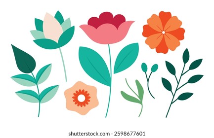Hand-Drawn Botanical Floral Illustration Modern Colorful Flowers and Leaves Vector Art