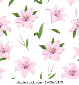 Hand-drawn botanical flowers. Pink lilies flowers. Vector floral seamless pattern on a white background.