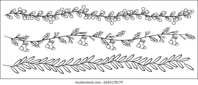 Hand-drawn botanical garlands with leaves, berries, and Christmas socks. Black outline vector dividers for winter holidays, decoration, greeting cards, and festive design.