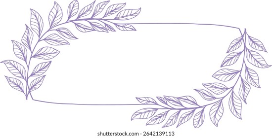 Hand-drawn botanical leaf frame illustration in soft purple outline. Ideal for invitations, natural-themed labels, or elegant decorative borders for creative projects and designs.