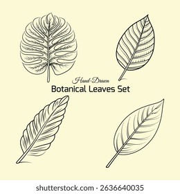 Hand-Drawn Botanical Leaves Set. A detailed set of hand-drawn botanical leaves, showcasing various natural shapes and vein patterns. Ideal for nature-themed projects, eco-friendly branding.