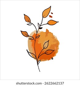 Hand-Drawn Botanical Line Art with Orange Watercolor Background – Minimal Nature Illustration. Good for poster, greeting cards, illustration of book