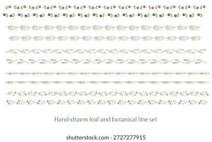 Um conjunto de linhas botânicas desenhadas à mão com gradação verde suave, ideal para projetos e decorações naturais e frescos.