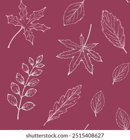 Hand-drawn botanical pattern with autumn leaves on a dark pink background in sketch style. Fall seamless background with subtle hand-drawn botanical elements