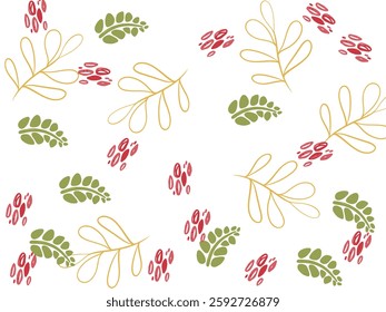 Hand-Drawn Botanical Pattern with Leaves and Berries - Seamless Background