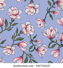 Hand-drawn botanical seamless floral pattern with magnolia flower branch.