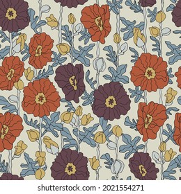 Hand-drawn botanical seamless vector pattern. Autumn flowers in brown and red colors. Boho illustration for design of fabric, paper