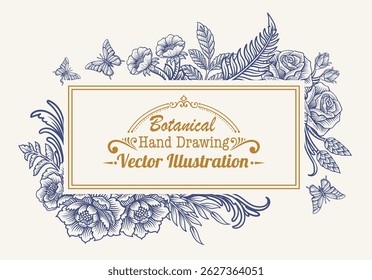 Hand-drawn botanical vector invitation template with intricate floral patterns, butterflies, and decorative frames in a vintage style.