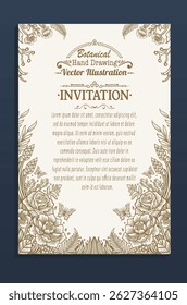 Hand-drawn botanical vector invitation template with intricate floral patterns, butterflies, and decorative frames in a vintage style.