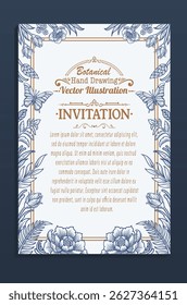 Modelo de convite de vetor botânico desenhado à mão com padrões florais intrincados, borboletas e quadros decorativos em um estilo vintage.