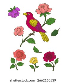 hand-drawn botanical vector set featuring a vibrant songbird and blooming flowers in various colors. Includes roses, leaves, and floral elements in vintage engraving style. Perfect for nature