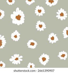 Handgezeichnetes botanisches Wildblumenmuster, verstreute weiße Gänseblümchen auf buntem Hintergrund.