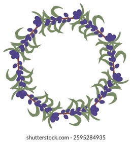 Hand-Drawn Botanical Wreath with Purple Berries and Green Leaves in a Natural Decorative Design