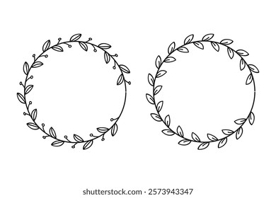 Hand-drawn botanical wreaths with simple line art leaves, creating circular frames.