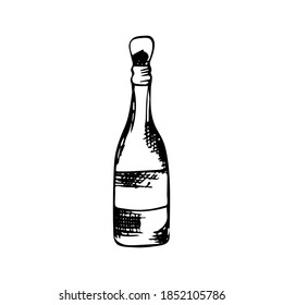 Hand-drawn bottle for alcoholic drinks. Graphic style drink. Vector isolated on white background.