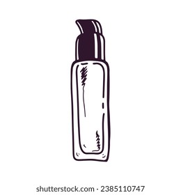Hand-drawn bottle of cream with dispenser, beauty cosmetic element, self care. Illustration for beauty salon, cosmetic store, makeup design. Doodle sketch style.   