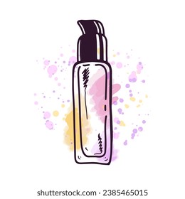 Hand-drawn bottle of cream with dispenser, beauty cosmetic element, self care. Illustration on a watercolor pastel background with splashes of paint. Useful for beauty salon, cosmetic store, makeup.