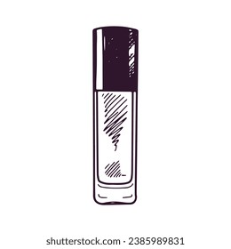 Hand-drawn bottle of cream with dispenser, beauty cosmetic element, self care. Illustration for beauty salon, cosmetic store, makeup design. Doodle sketch style.