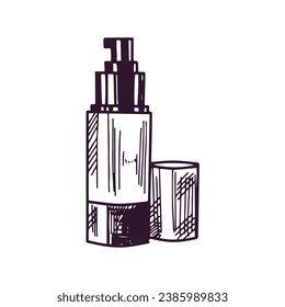 Hand-drawn bottle of cream with dispenser, beauty cosmetic element, self care. Illustration for beauty salon, cosmetic store, makeup design. Doodle sketch style.