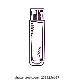Hand-drawn bottle of cream with dispenser, beauty cosmetic element, self care. Illustration for beauty salon, cosmetic store, makeup design. Doodle sketch style.