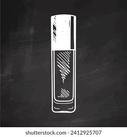 Hand-drawn bottle of cream with dispenser, beauty cosmetic element, self care on chalkboard background. Illustration for beauty salon. Doodle sketch style.