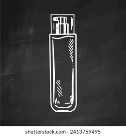 Hand-drawn bottle of cream with dispenser, beauty cosmetic element, self care. Illustration for beauty salon, makeup design. Doodle sketch style on chalkboard background.