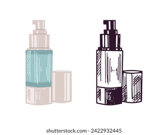 Hand-drawn bottle of cream with dispenser, beauty cosmetic element, self care. Illustration for beauty salon, cosmetic store. Colored flat style and black doodle style.