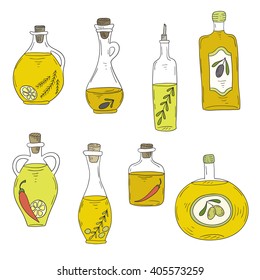 Hand-drawn bottle of oil and olives on white background