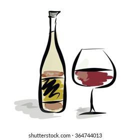 Hand-drawn bottle of rose wine. Glass of red wine vector color illustration