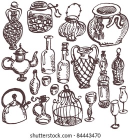 Hand-drawn bottle set in cartoon style
