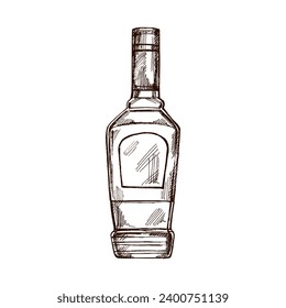 Hand-drawn bottle of tequila. Design element for the menu of bars and restaurants, alcohol stores. Vector sketch illustration in engraving style. Mexican, Latin America.