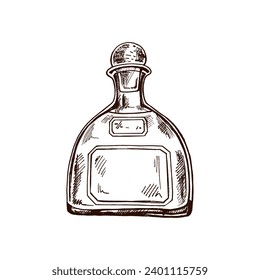 Hand-drawn bottle of tequila. Design element for the menu of bars and restaurants, alcohol stores. Vector sketch illustration in engraving style. Mexican, Latin America.