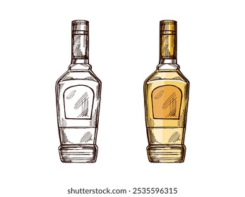 Botella de tequila dibujada a mano. Elemento de diseño para el menú de bares y restaurantes, tiendas de alcohol. Ilustración de boceto de Vector en estilo de grabado. Mexicano, Latina América.