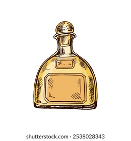 Botella de tequila dibujada a mano. Elemento de diseño para el menú de bares y restaurantes, tiendas de alcohol. Ilustración de boceto de Vector en estilo de grabado. Mexicano, Latina América.