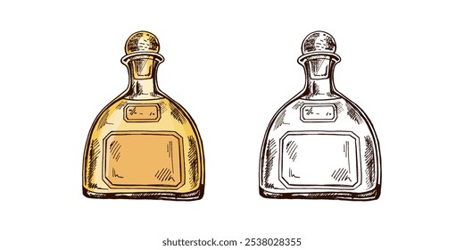 Botella de tequila dibujada a mano. Elemento de diseño para el menú de bares y restaurantes, tiendas de alcohol. Ilustración de boceto de Vector en estilo de grabado. Mexicano, Latina América.