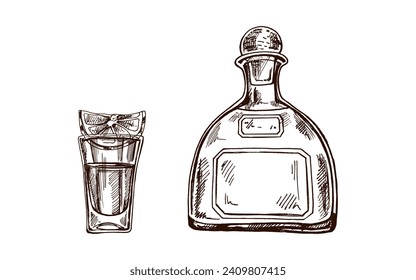 Frasco de tequila dibujado a mano y de vidrio de disparo con tequila con un trozo de cal. Diseñar para el menú de barras y en estilo de grabado. México, América Latina.