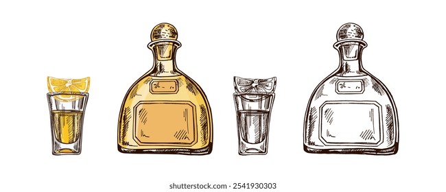 Botella de tequila dibujada a mano y vaso de chupito con tequila con una rodaja de lima. Elemento de diseño para el menú de barras y en estilo de grabado. Mexicano, Latina América.