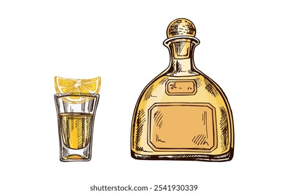 Botella de tequila dibujada a mano y vaso de chupito con tequila con una rodaja de lima. Elemento de diseño para el menú de barras y en estilo de grabado. Mexicano, Latina América.