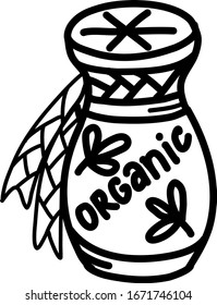 a hand-drawn bottle with the words organic on a white background. Doodle style. Vector illustration for menu design, printing, advertising.