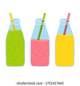 Hand-drawn bottles of smoothies or milkshakes, isolated on a white background. Vector illustration.