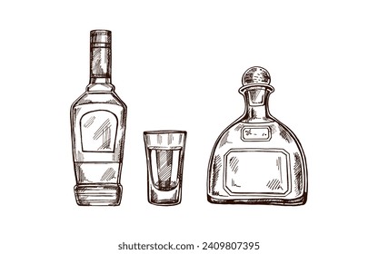 Hand-drawn bottles of tequila and shot glass with tequila. Design element for the menu of bars and in engraving style. Mexican, Latin America.