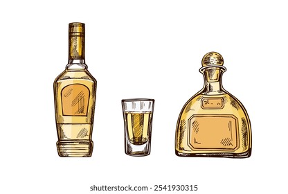 Botellas de tequila dibujadas a mano y vaso de chupito con tequila. Elemento de diseño para el menú de barras y en estilo de grabado. Mexicano, Latina América.