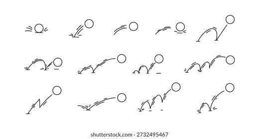 Pasos de bola de rebote dibujados a mano con líneas de movimiento curvas en formato de Vector