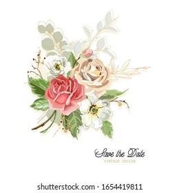 Hand-drawn bouquet with roses in vintage style. Design for wedding invitation. Greeting card template. Vector illustration.